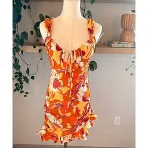 Urban Outfitters Floral Ruched Ruffle Mini Dress Orange Yellow Groovy Y2K Retro